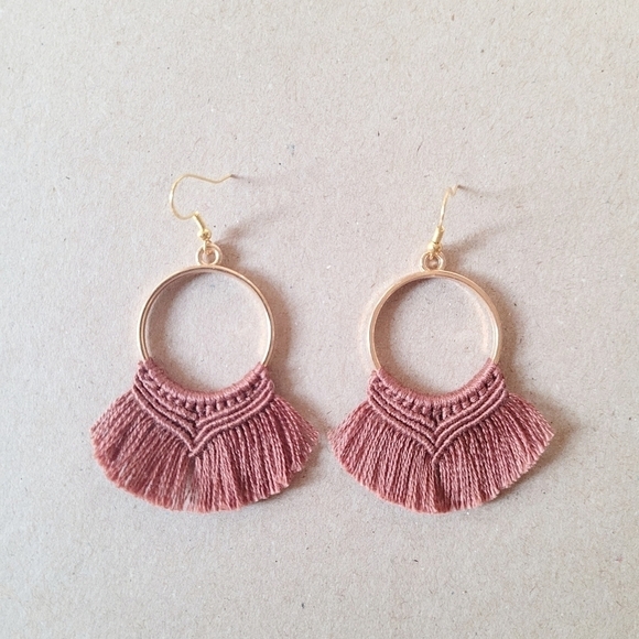 Boho Fringe Macrame Round Hoop Dangle Drop Earrings OS Handcrafted Gold - Picture 10 of 12